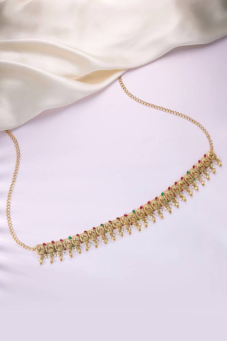 Gold plated faux ruby faux emerald & lariya studded belly chain kamarbandh jewellery for women