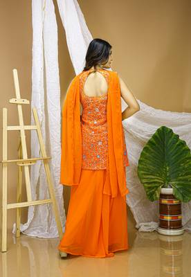 Orange georgette  party wear embroidery  sharara suit set 4
