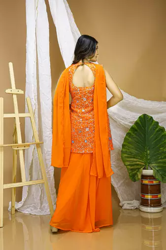 Orange georgette  party wear embroidery  sharara suit set