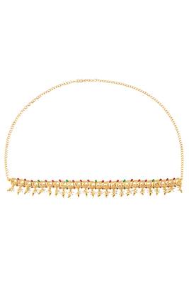 Gold plated faux ruby faux emerald & lariya studded belly chain kamarbandh jewellery for women 2