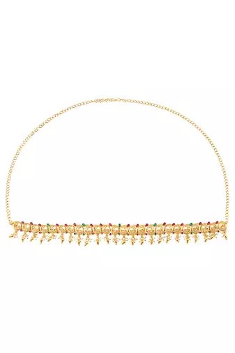 Gold plated faux ruby faux emerald & lariya studded belly chain kamarbandh jewellery for women