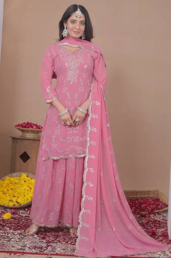 Pink georgette   party wear embroidery   sharara suit set