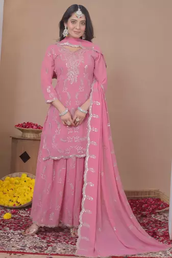 Pink georgette   party wear embroidery   sharara suit set