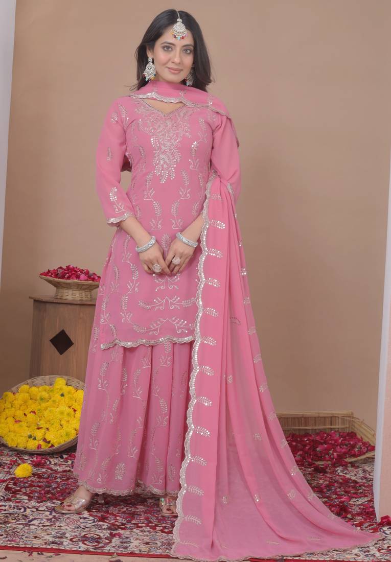 Pink georgette   party wear embroidery   sharara suit set
