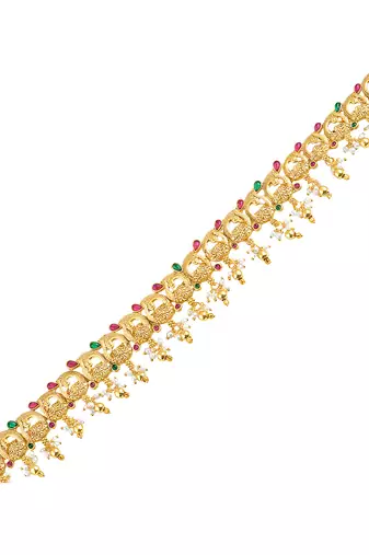 Gold plated faux ruby faux emerald & lariya studded belly chain kamarbandh jewellery for women