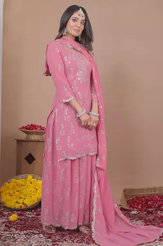 Pink georgette   party wear embroidery   sharara suit set