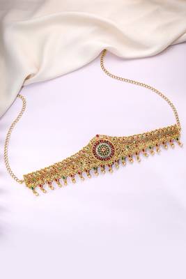 Gold plated faux ruby faux emerald & cz studded belly chain kamarbandh jewellery for women 1