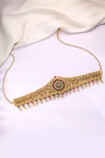 Gold plated faux ruby faux emerald & cz studded belly chain kamarbandh jewellery for women
