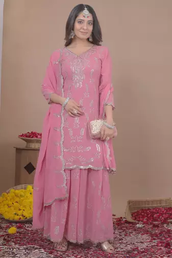 Pink georgette   party wear embroidery   sharara suit set