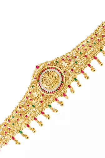 Gold plated faux ruby faux emerald & cz studded belly chain kamarbandh jewellery for women