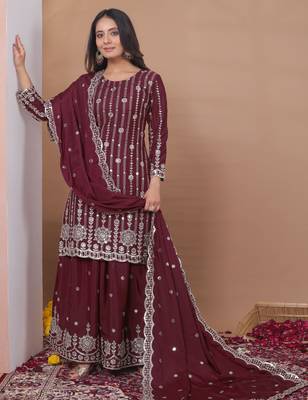 maroon silk blend party wear embroidery   sharara suit set   1