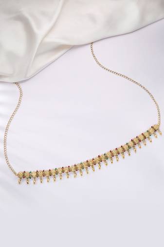 Gold plated faux ruby faux emerald studded ethnic belly chain kamarbandh jewellery for women
