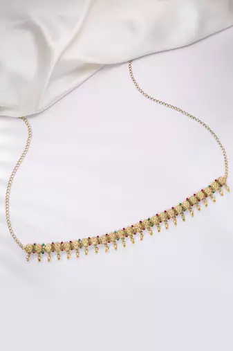Gold plated faux ruby faux emerald studded ethnic belly chain kamarbandh jewellery for women