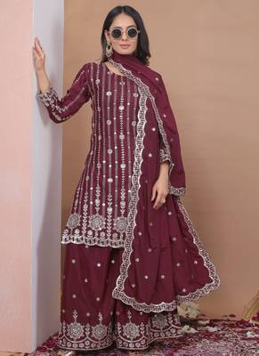 maroon silk blend party wear embroidery   sharara suit set   2