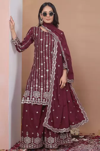 maroon silk blend party wear embroidery   sharara suit set  