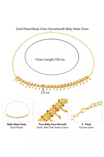 Gold plated faux ruby faux emerald studded ethnic belly chain kamarbandh jewellery for women