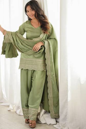 sage green embroidered kurta set with dupatta & patiala pants