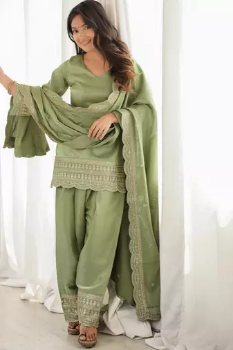sage green embroidered kurta set with dupatta & patiala pants