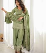 sage green embroidered kurta set with dupatta & patiala pants