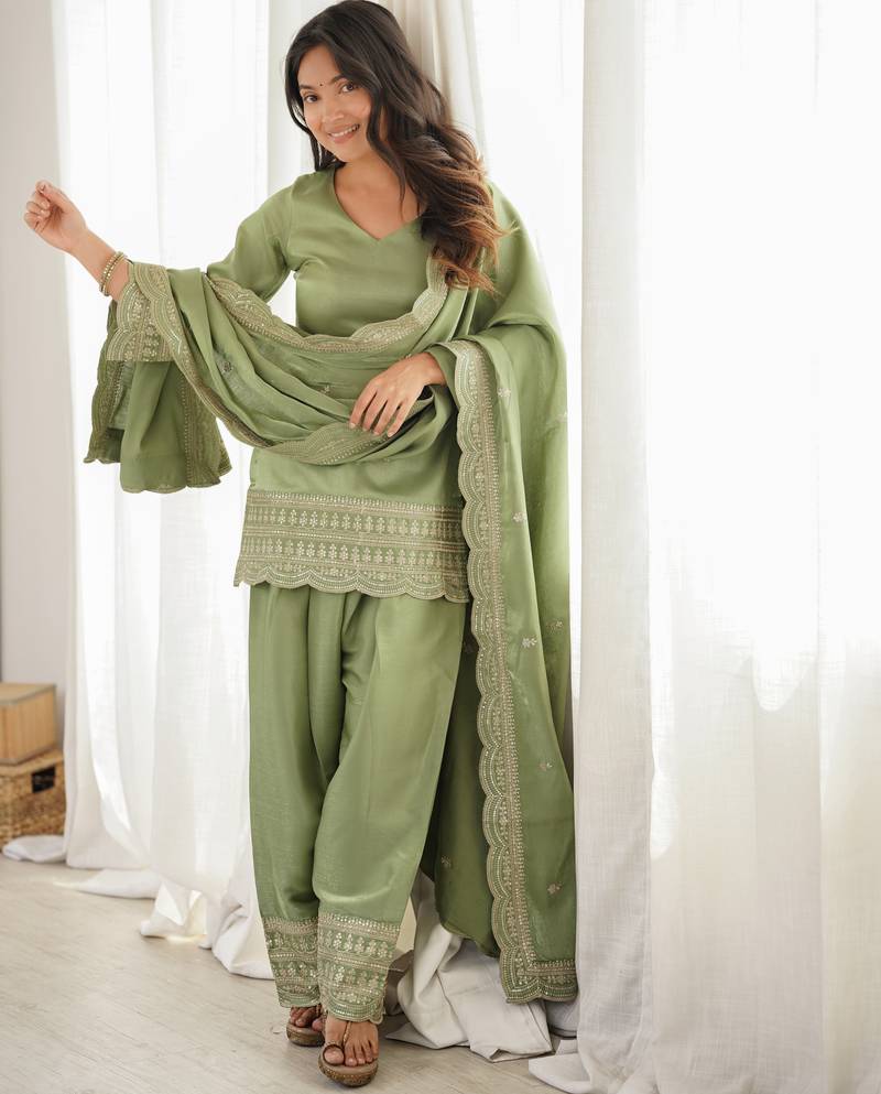 sage green embroidered kurta set with dupatta & patiala pants