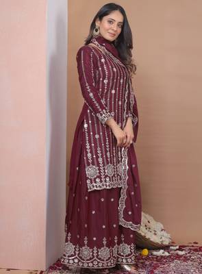 maroon silk blend party wear embroidery   sharara suit set   3