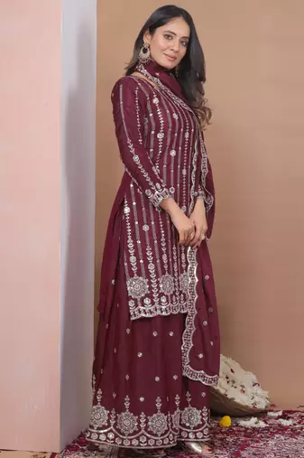 maroon silk blend party wear embroidery   sharara suit set  
