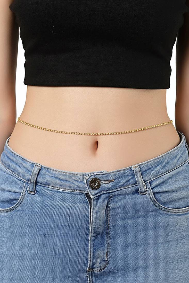 Gold plated cubic zirconia studded ethnic belly chain kamarbandh jewellery for women