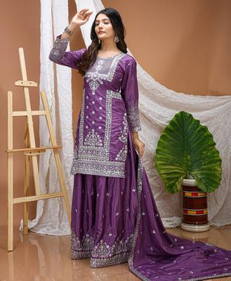 purple silk blend party wear embroidery   sharara suit set   1