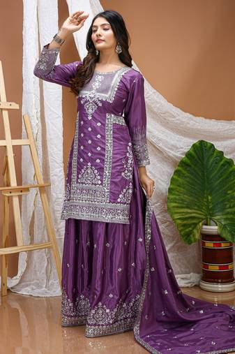 purple silk blend party wear embroidery   sharara suit set  