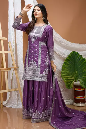 purple silk blend party wear embroidery   sharara suit set  