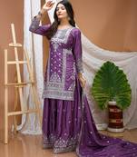 purple silk blend party wear embroidery   sharara suit set  