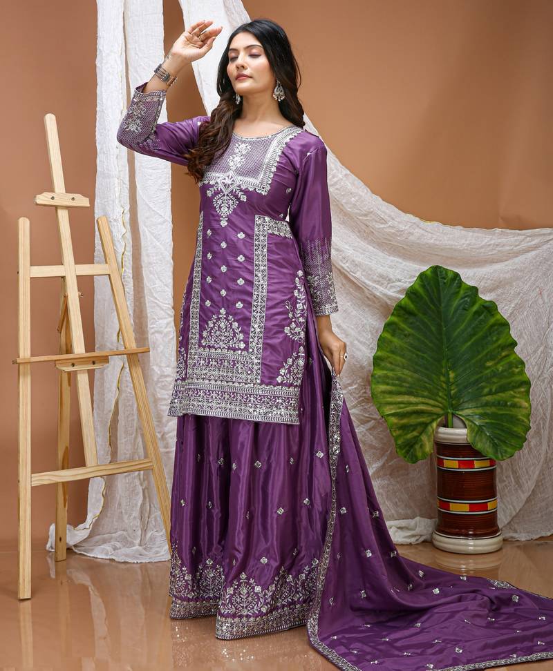 purple silk blend party wear embroidery   sharara suit set  