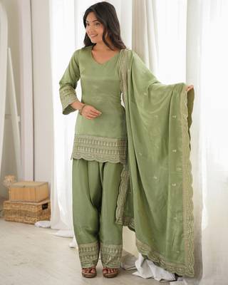 sage green embroidered kurta set with dupatta & patiala pants 3