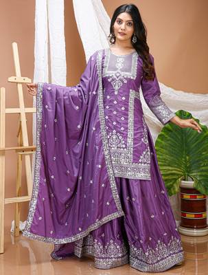 purple silk blend party wear embroidery   sharara suit set   3