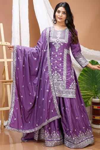 purple silk blend party wear embroidery   sharara suit set  