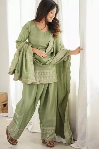 sage green embroidered kurta set with dupatta & patiala pants