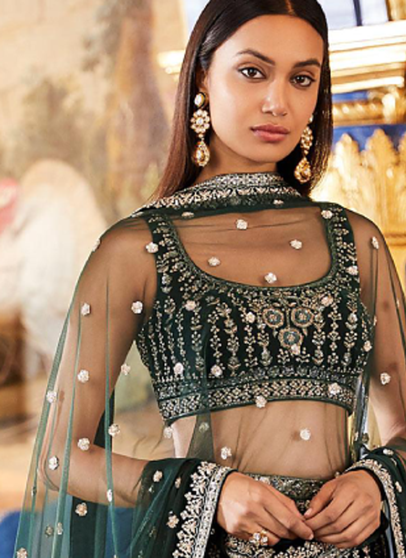 Green Georgette Zari Sequin Embroidery Work Lehenga Choli