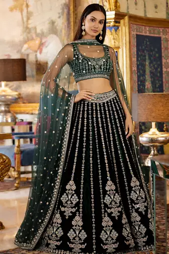 Green Georgette Zari Sequin Embroidery Work Lehenga Choli