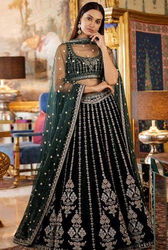 Green Georgette Zari Sequin Embroidery Work Lehenga Choli