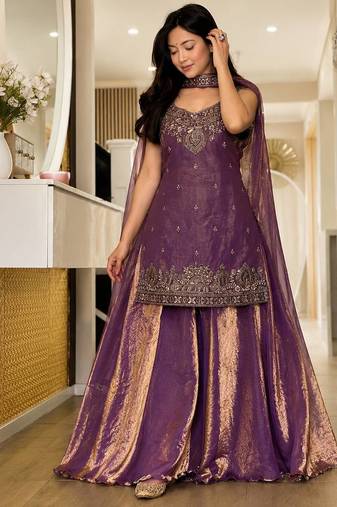 Purple Color Sequence And  Embroidery Work, Zari Work Silk Blend Saree