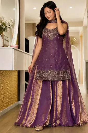 Purple Color Sequence And  Embroidery Work, Zari Work Silk Blend Saree