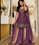 Purple Color Sequence And  Embroidery Work, Zari Work Silk Blend Saree