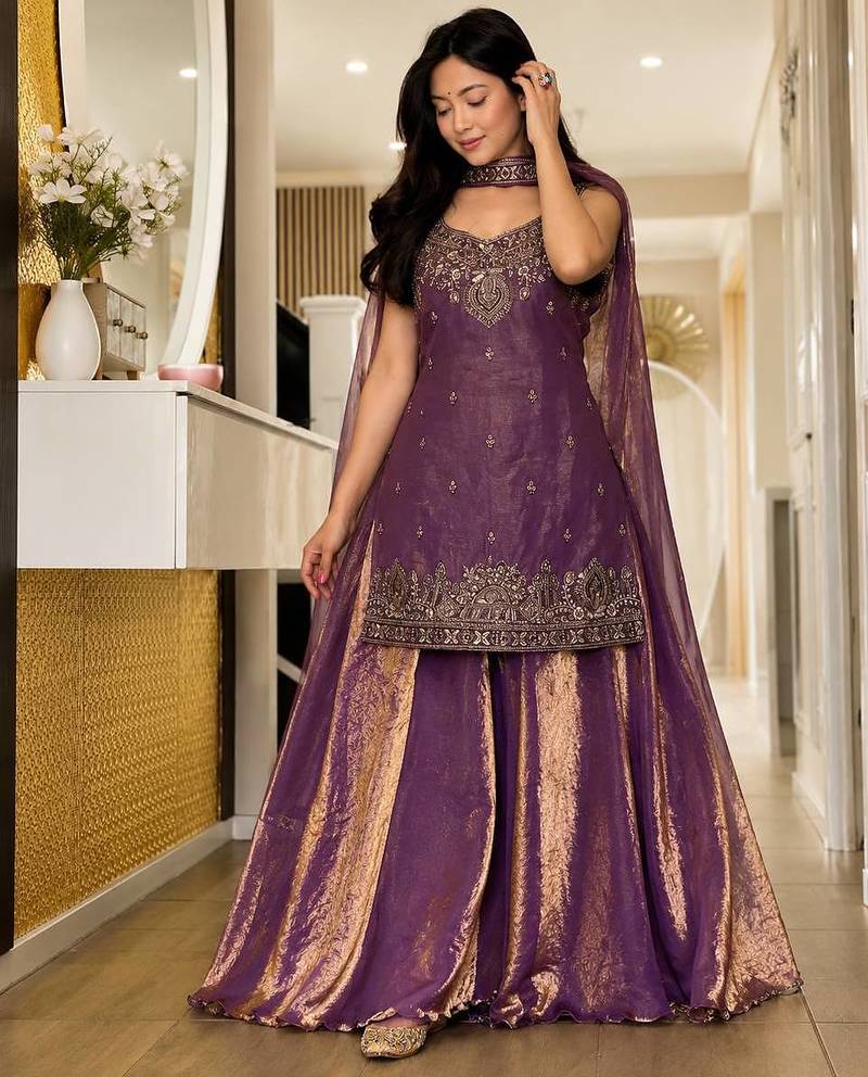Purple Color Sequence And  Embroidery Work, Zari Work Silk Blend Saree