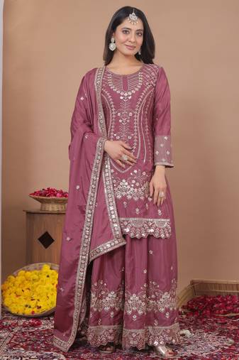 rosewood pink silk blend party wear embroidery   sharara suit set  