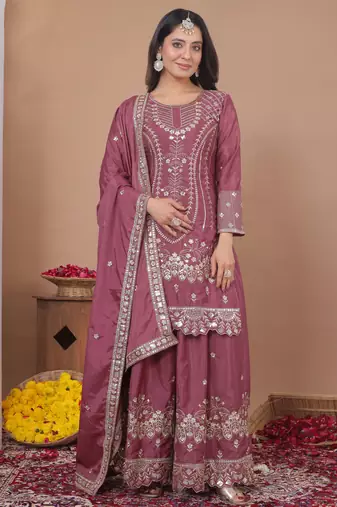 rosewood pink silk blend party wear embroidery   sharara suit set  