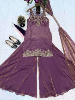 Purple Color Sequence And  Embroidery Work, Zari Work Silk Blend Saree 2