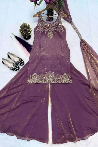Purple Color Sequence And  Embroidery Work, Zari Work Silk Blend Saree