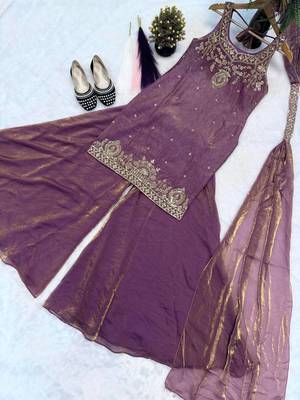 Purple Color Sequence And  Embroidery Work, Zari Work Silk Blend Saree 3