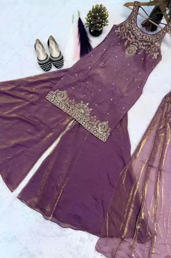 Purple Color Sequence And  Embroidery Work, Zari Work Silk Blend Saree