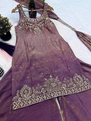 Purple Color Sequence And  Embroidery Work, Zari Work Silk Blend Saree 4